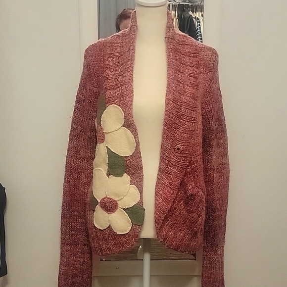 Anthropologie Wool Sweater Coat with Floral Appliqué - Picture 6 of 7